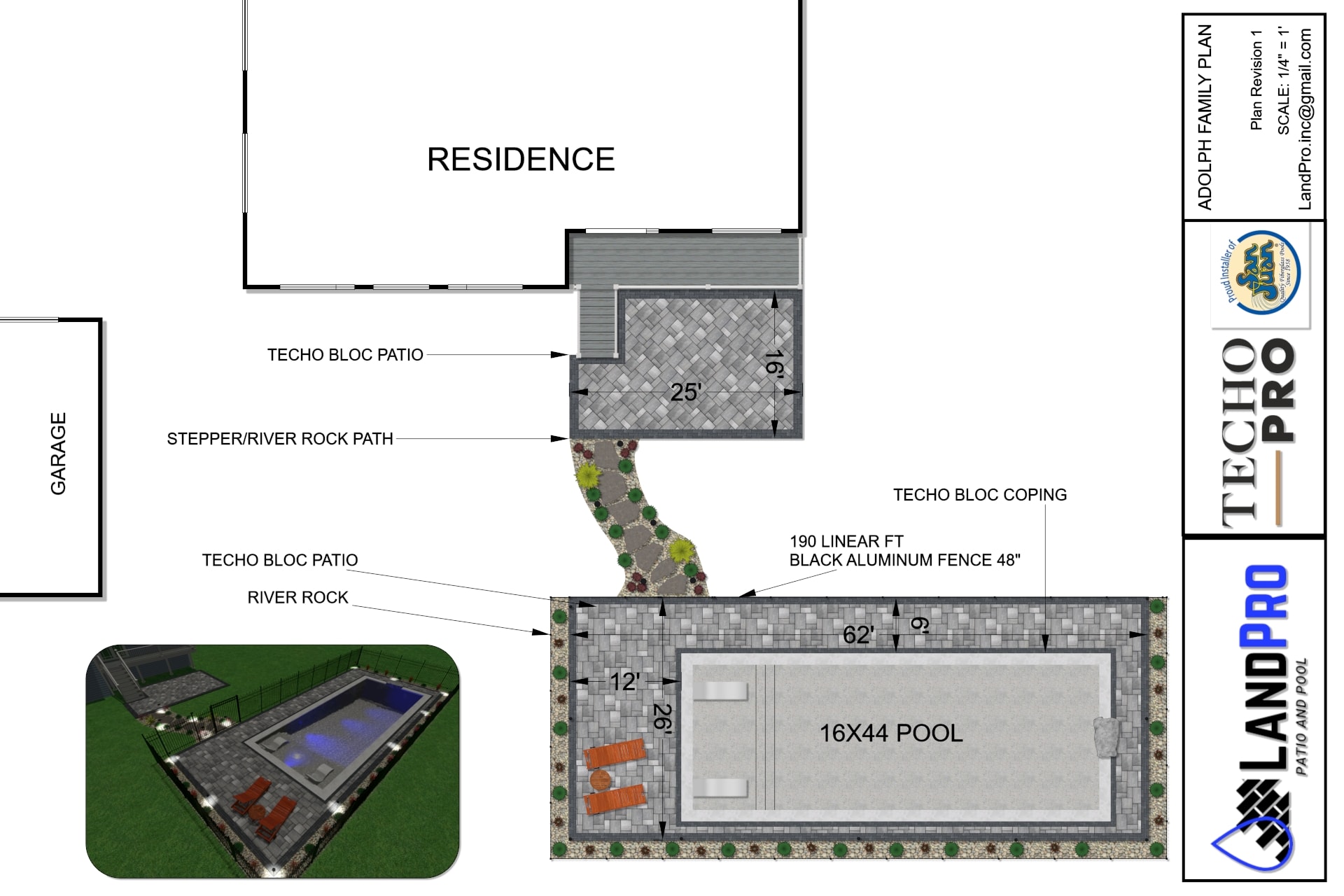 Design — site plan showing 16x44 pool, Techo Bloc patio, stepper path, and fencing layout