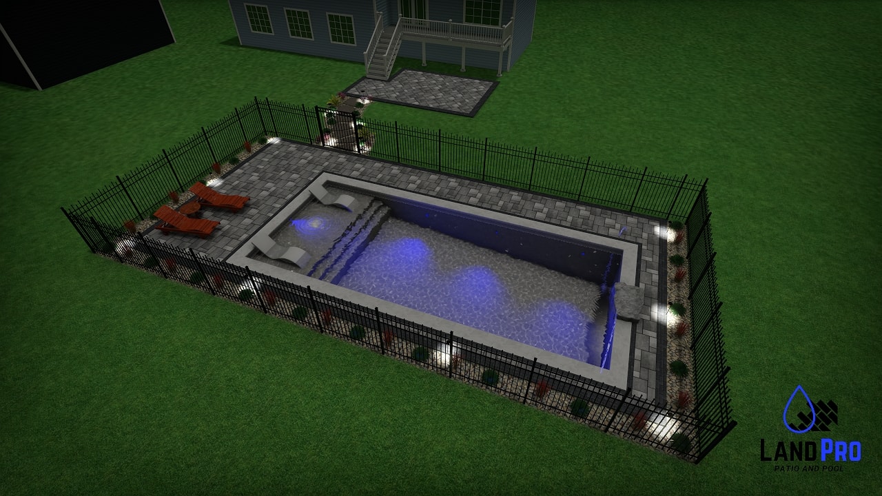 Design — 3D night rendering of pool with blue LED lighting and landscape lighting