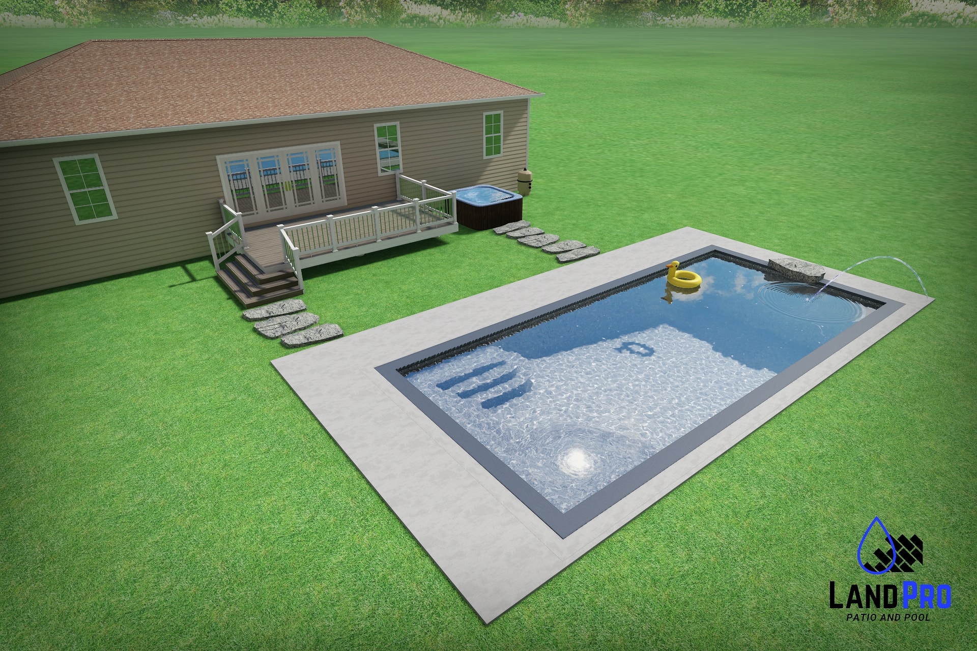 Design — 3D daytime rendering of pool with concrete patio, deck, hot tub, stepping stones, and jump rock