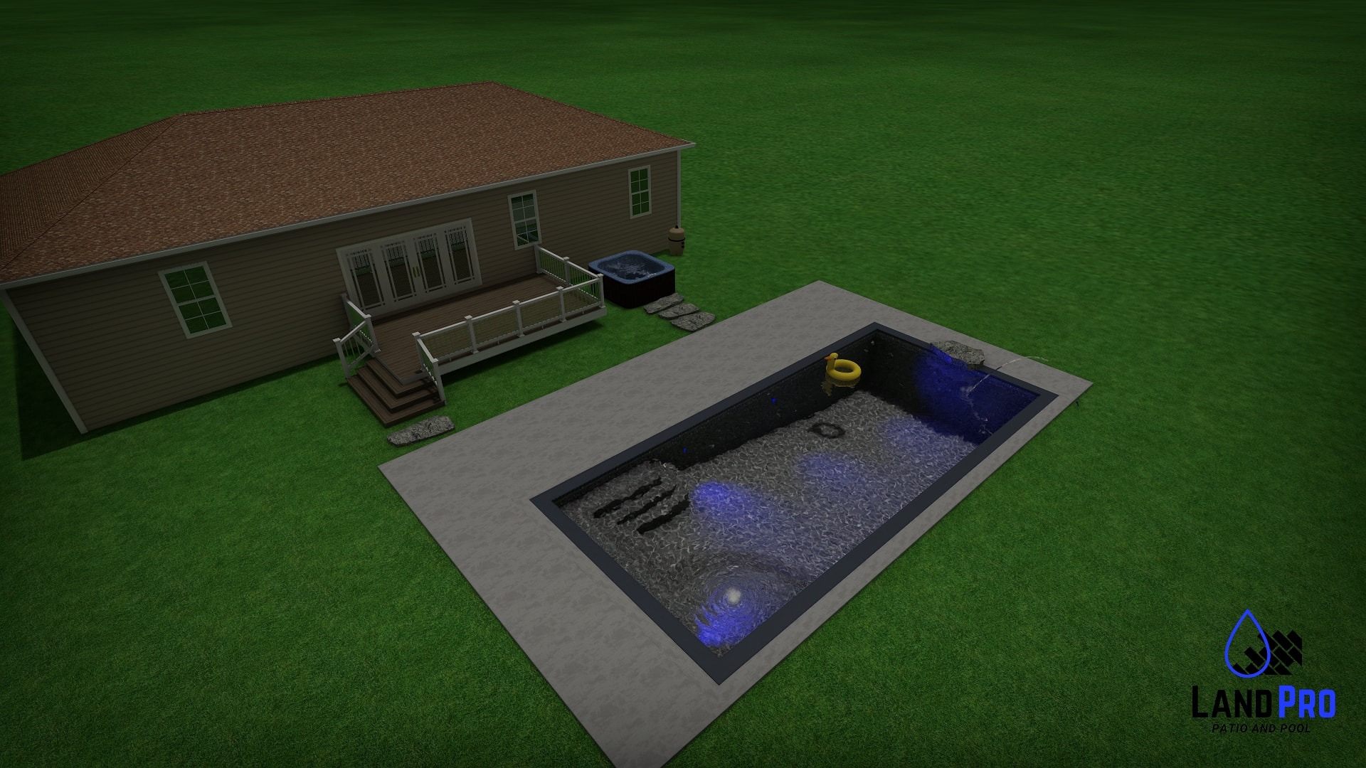 Design — 3D night rendering of pool glowing blue with LED lighting, deck, and hot tub