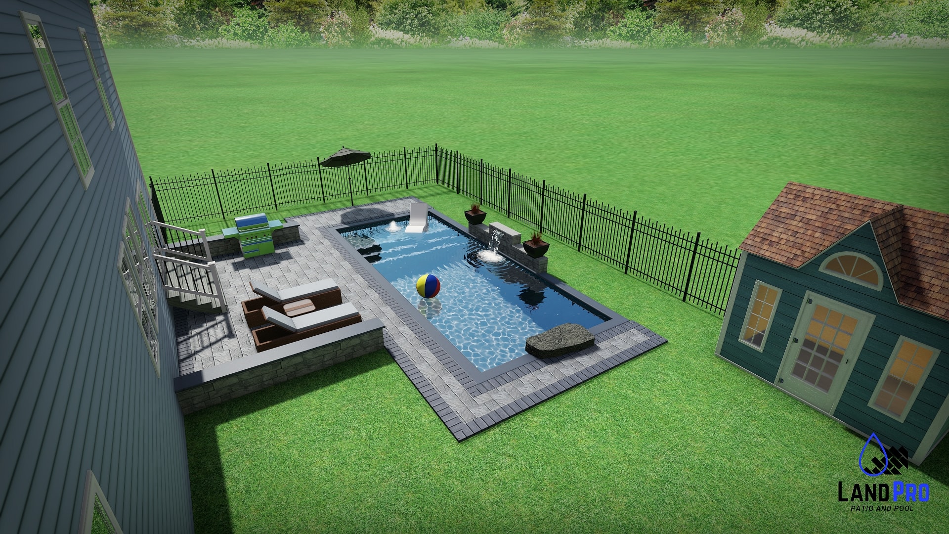 Design — 3D wide daytime rendering of pool with paver patio, outdoor kitchen, lounge chairs, sheer descent, jump rock, and shed beside house